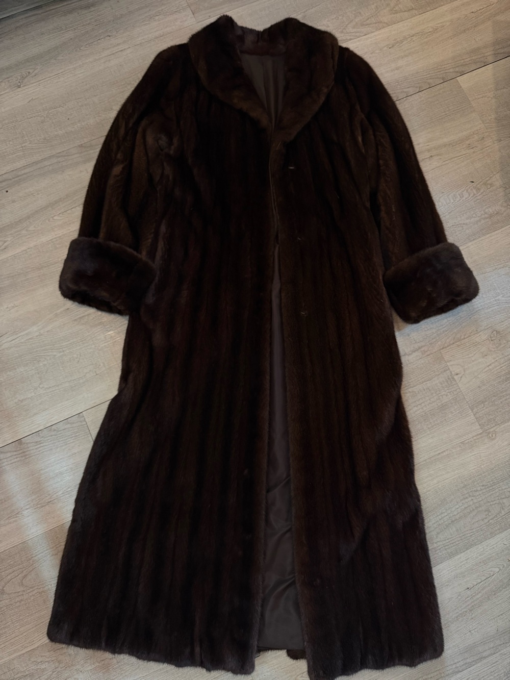 Full Length Classic Mahogany MINK Coat with Shawl Collar and Turn-Up Cuffs